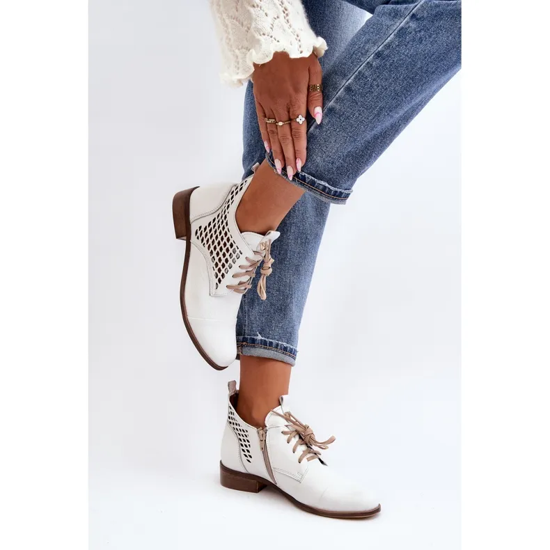 Zazoo 2878 Bottines basses en cuir ajouré pour femme, blanc blanche